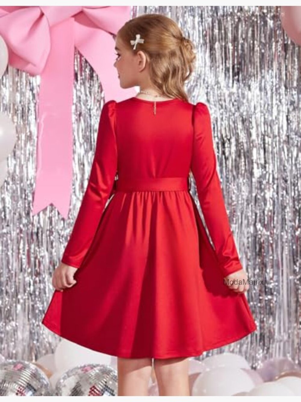 Girls Puff Long Sleeve Formal Party Dress with Pockets - Picture 3 of 7